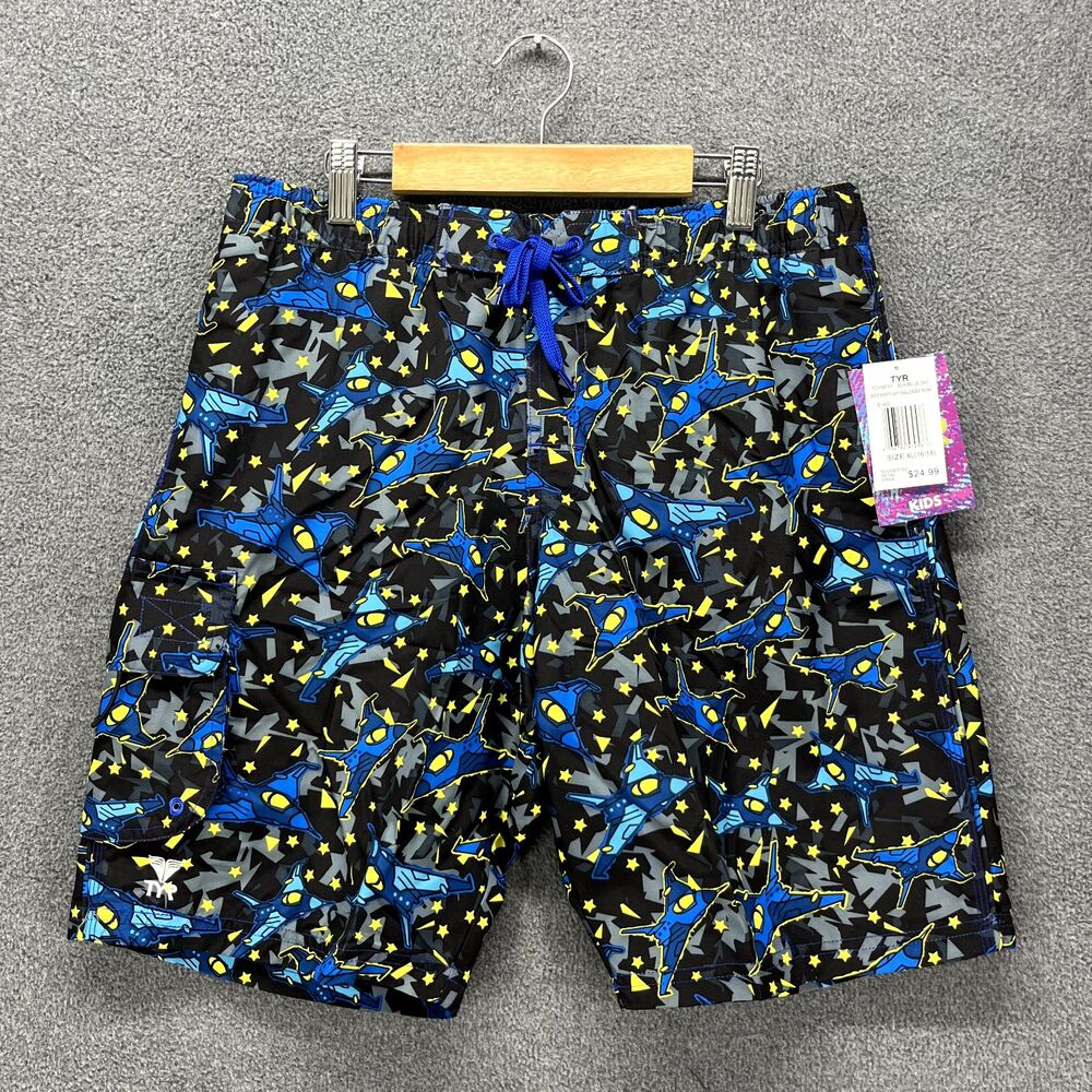 TYR Swim Trunks‎ Boys XL (16/18) Black Blue Nightflight Challenger Kids
